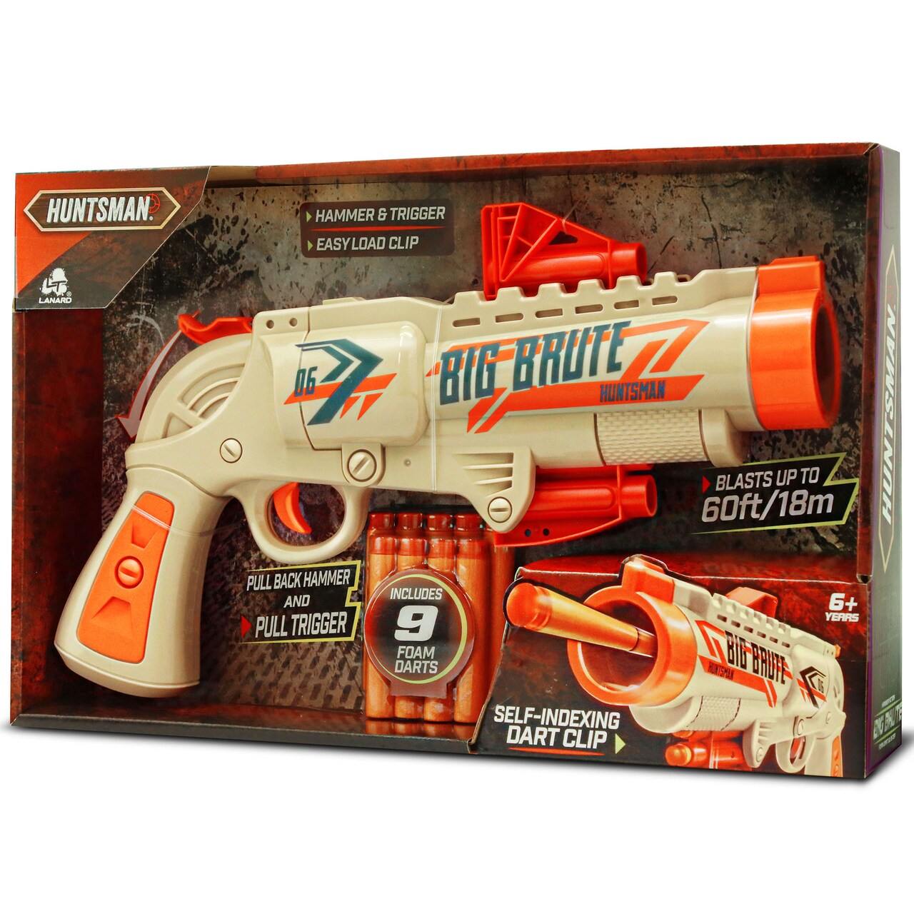 Lanard Huntsman: Big Brute - Beige-Green - Toy Foam Dart Blaster, Shoots Up To 60', 9 Darts, Pull Back Hammer & Trigger, Indoor-Outdoor Play, Kids 6+
